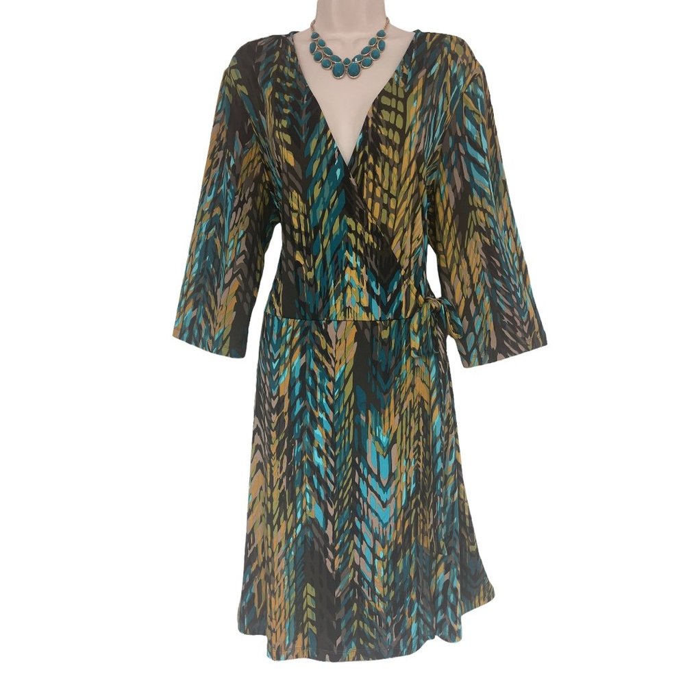 Size 18W 2X WATERCOLOR PRINT FAUX-WRAP DRESS Day/Evening All-Season PLUS SIZE